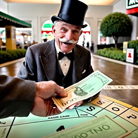 Generate a realistic photo of a hand extending out, offering cash to a man. This elderly gentleman should be portrayed with a prominent mustache, wearing a formal suit and a top hat. The focus is on the exchange, capturing the moment of transaction. The background features a Monopoly-style game board to emphasize the thematic connection. The scene highlights the details of the cash and their expressions, with natural lighting enhancing the realism of the transaction , <lora:cashbaba_xl:0.85>,(dollar), ( real-life interpretation of the iconic Monopoly man )