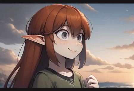Lapanya, 1 person, solo, dynamic shot, pointy ears, ((snout nose)), flat chest, light skin, freckles, tall, ((gray eyes, gray irises)):1.2, ((smiling, friendly expression)), auburn hair, long hair, several strands of hair sticking straight up, back-length hair, average build, small nostrils, ((3 fingers 1 thumb)), baggy long-sleeve green tunic, ((blue breeches))
Falling from the sky, upside down, hair blowing in wind, falling headfirst, nosedive, midair, face towards the ground, wide eyes, wild expression
Clouds above, ocean below
clean lines, up close, upper body focus, highly detailed face, high quality, best quality,  score: 9, score: 8 up, rating: safe