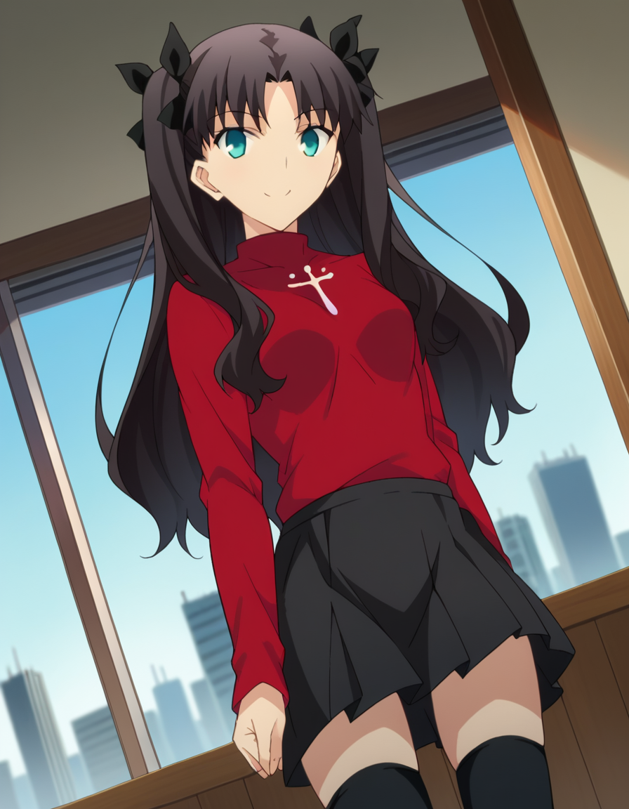 score_9, score_8_up, score_7_up, source_anime,
rintohsaka, <lora:rin-tohsaka-ubw-ponyxl-lora-nochekaiser:1>,
rin tohsaka, aqua eyes, black hair, hair ribbon, long hair, ribbon, sidelocks, two side up, parted bangs,
black skirt, black thighhighs, long sleeves, miniskirt, pleated skirt, red sweater, skirt, sweater, thighhighs, turtleneck,
indoors, cityscape, smile,
looking at viewer, dutch angle, cowboy shot,
