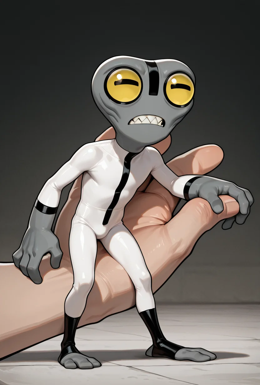 <lora:greymatter-09:1> greymatter, solo, 1boy, white bodysuit, grey skin, , small body, big hands,  , sharp teeth, big yellow eyes, big head, dynamic pose, , tiny character, getting grabbed, being held, standing on someone's hand,, masterpiece, best quality, amazing quality, very aesthetic, absurdres, newest,