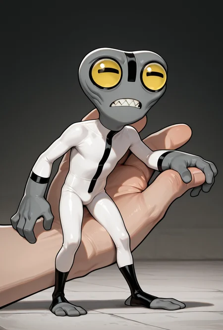 <lora:greymatter-09:1> greymatter, solo, 1boy, white bodysuit, grey skin, , small body, big hands,  , sharp teeth, big yellow eyes, big head, dynamic pose, , tiny character, getting grabbed, being held, standing on someone's hand,, masterpiece, best quality, amazing quality, very aesthetic, absurdres, newest,