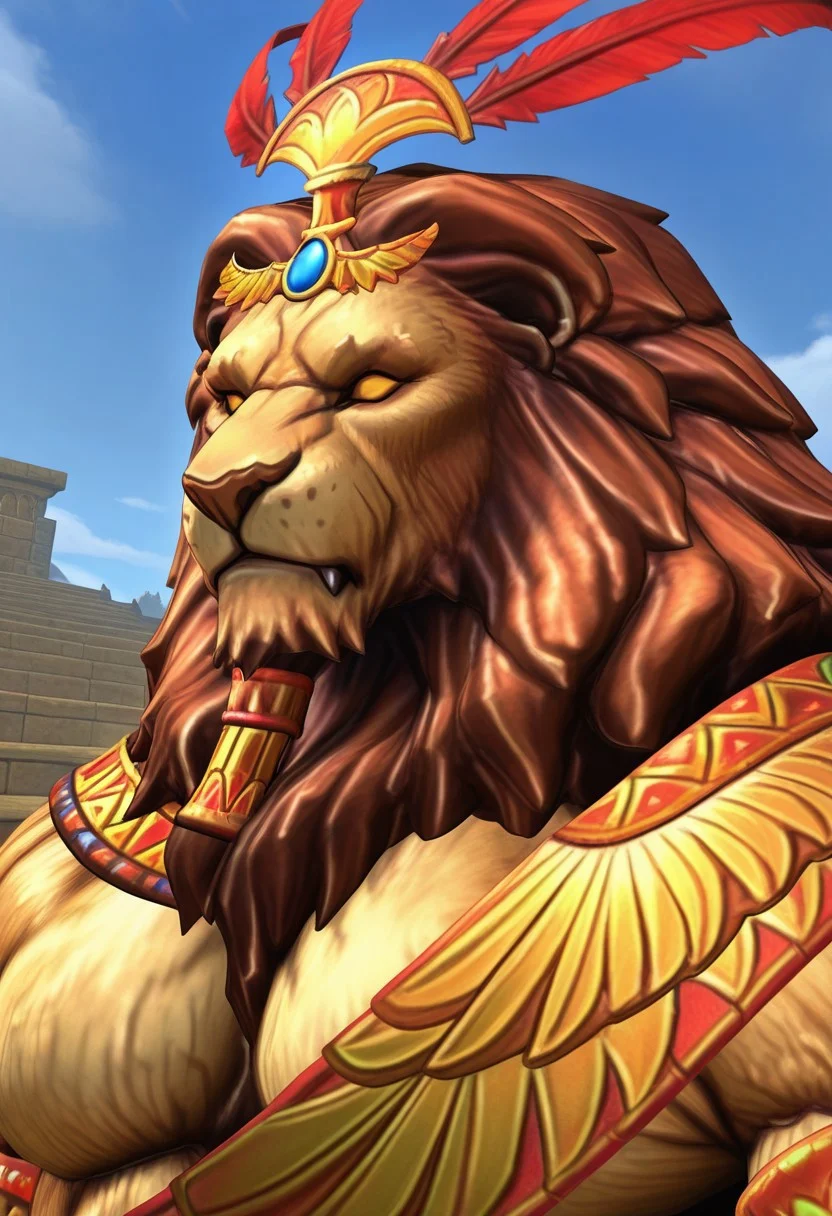anhur (smite), solo, furry, lion, tail, detailed eyes, orange sclera, no pupils, glowing, muscular, masculine, large pectorals, dynamic angle, face focus, portrait, close up, side angle, topless, circlet, headdress, sash, armlet, unparalleled masterpiece, extremely-detailed, high resolution, intricate detail, very aesthetic, scenery, newest