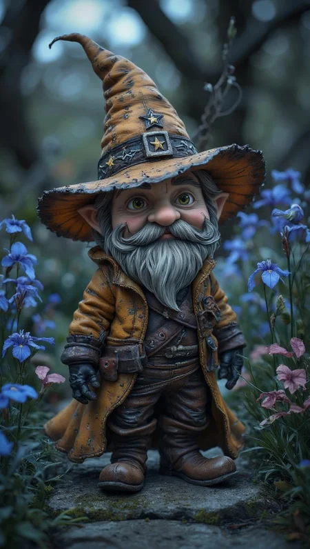 <lora:895843D8B971FA345106B442DCC89BD8BC1CCD3C3D0DE00B6989EA2F36C57348.safetensors:1>
In the midst of a mystical, twilight garden, a enigmatic figure emerges. Meet **Kaelin Darkshadow**, a 35-year-old, ruggedly refined **gnome-like** individual with an air of mystery. His **auburn, pointed hat** (adorned with subtle, glowing silver star embroidery) casts a dramatic shadow over his **pale, angular face**, accentuating his **vibrant, emerald green eyes**. A **short, snowy white beard** frames his enigmatic, knowing smile.
Attired in a **rich, earthy brown coat** with **intricately embroidered, neon yellow thread** accents, Kaelin's attire seems both whimsical and warrior-like. **Supple, dark brown leather gloves** sheathe his hands, while **scuffed, knee-high boots** in a deep, burnished brown earth tone anchor him to the mystical garden's **weathered, moss-covered stone path**.
Behind Kaelin, a **dreamlike, blurred backdrop** of **luminous, electric blue petunias**, **soft pink wildflowers**, and **deep purple irises** sways gently, as if stirred by an unseen force. The atmosphere is alive with an **ethereal, soft glow**, casting long, moody shadows across the scene. A **subtle, pulsing aura** emanates from the star embellishments on Kaelin's hat, infusing the entire setting with an air of **mystical, otherworldly power**.