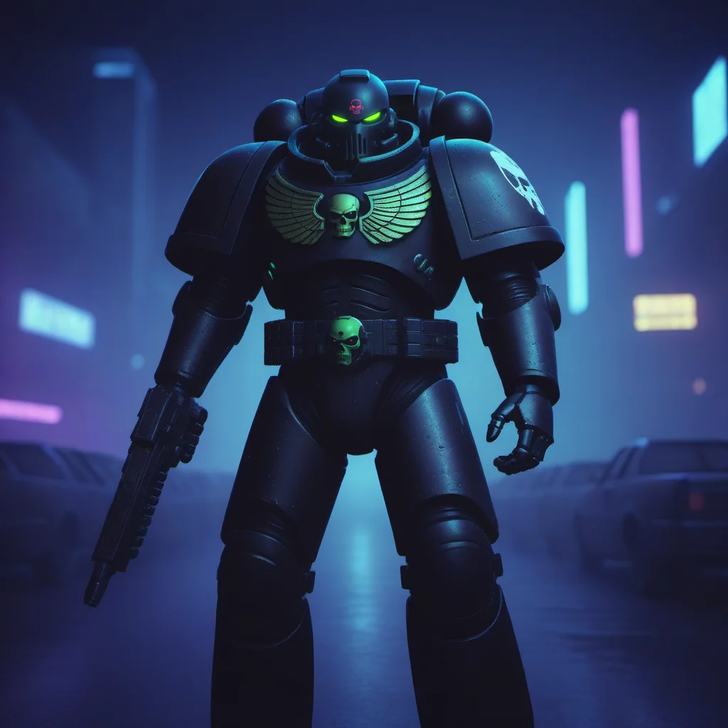 a black spacemarine robot, cyberpunk city background, night, neon lights, skulls, death <lora:SpaceMarine1024:0.4>