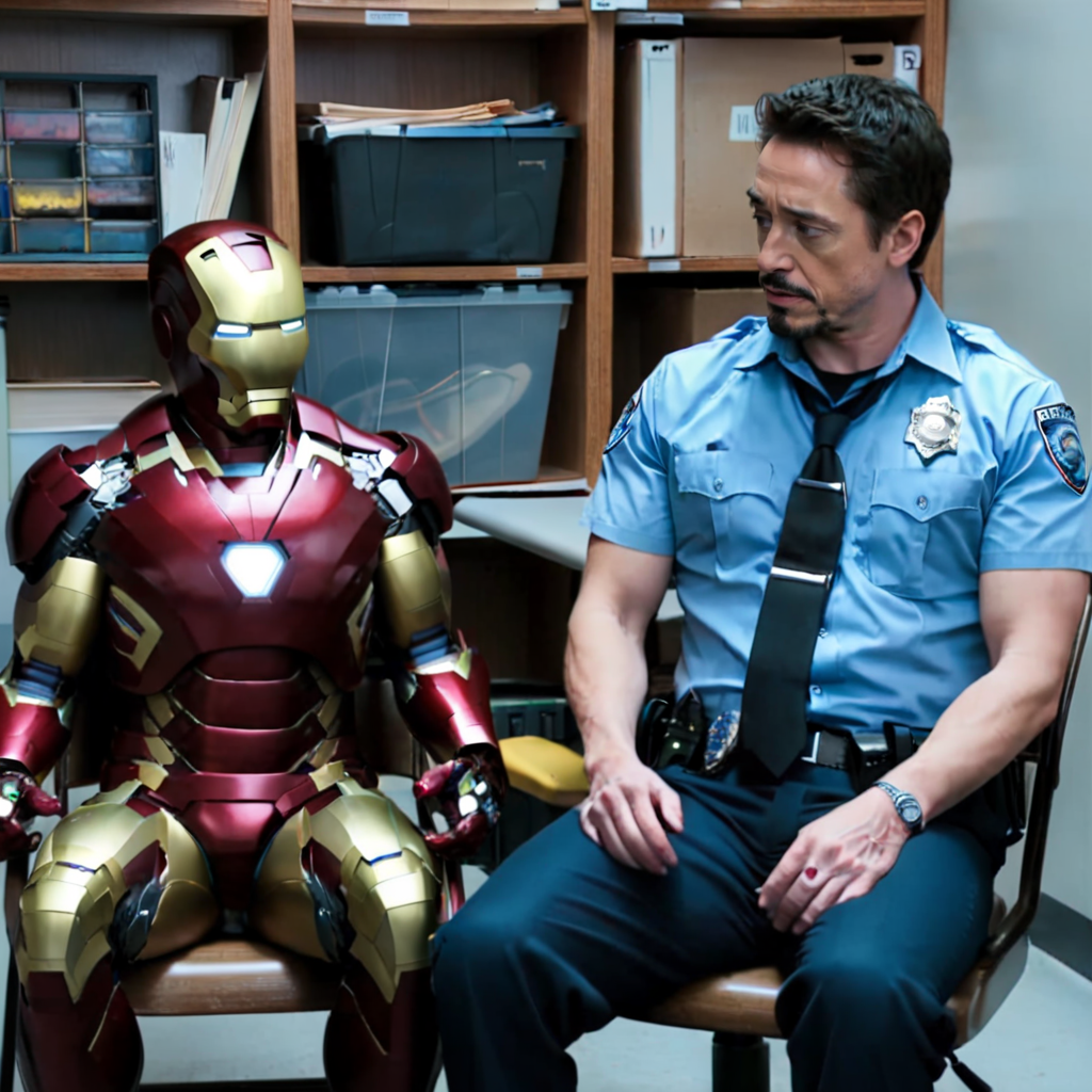 a iron man sitting on a chair with a police officer <lora:smalltake:0.8>
