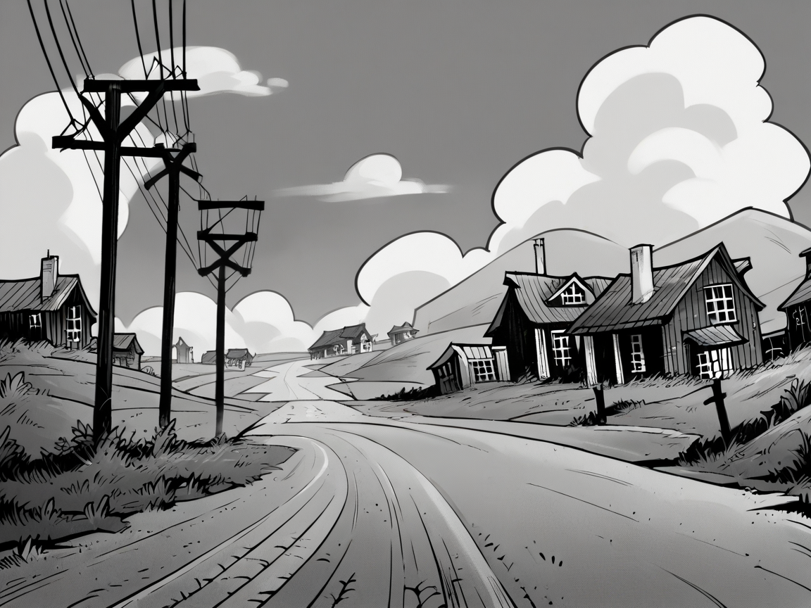 score_9, score_8_up, score_7_up, score_6_up, score_5_up,  <lora:CSXLP:1> cs, no humans, monochrome, greyscale, scenery, outdoors, tree, cloud, sky, power lines, building, grass, house, road, fence, utility pole