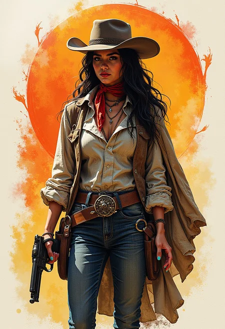 masterpiece, ink and crayon art of a female gunslinger, wild west, HD32K, wallpaper, hyperdetailed, concept art