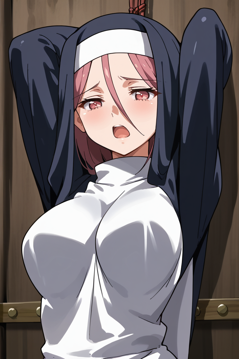 score_9, score_8_up, score_7_up, score_6_up, score_5_up, score_4_up,source_anine, 1girl, nun, open mouth, solo, breasts, pink hair, habit, anime coloring, hair between eyes, bound, arms up, bdsm, blush, red eyes, pink eyes, large breasts, bondage