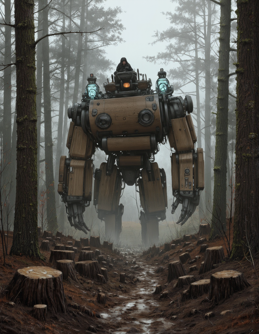 By Jakub Rozalski. A digital illustration shoot from a front camera angle about a futuristic, heavy-duty, humanoid robot with a large, wooden structure resembling a tree trunk, standing in a foggy forest clearing. the robot, positioned in the middle of the image, is the main focus, with its large, imposing body standing out against the misty, misty background. it has two glowing blue lights on its top, giving it a futuristic and ominous appearance. on the top of the robot's head, a person can be seen sitting, looking out with a serious expression. the scene is set in a dense forest with tall trees, and the ground is covered in mud and tree stumps, creating a stark contrast between the dark and light tones of the scene. the overall atmosphere is eerie and foreboding, with a sense of danger and mystery.