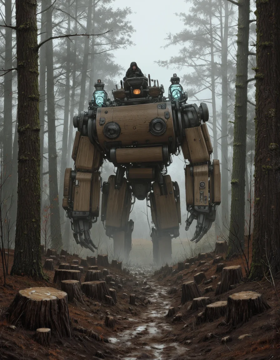 By Jakub Rozalski. A digital illustration shoot from a front camera angle about a futuristic, heavy-duty, humanoid robot with a large, wooden structure resembling a tree trunk, standing in a foggy forest clearing. the robot, positioned in the middle of the image, is the main focus, with its large, imposing body standing out against the misty, misty background. it has two glowing blue lights on its top, giving it a futuristic and ominous appearance. on the top of the robot's head, a person can be seen sitting, looking out with a serious expression. the scene is set in a dense forest with tall trees, and the ground is covered in mud and tree stumps, creating a stark contrast between the dark and light tones of the scene. the overall atmosphere is eerie and foreboding, with a sense of danger and mystery.