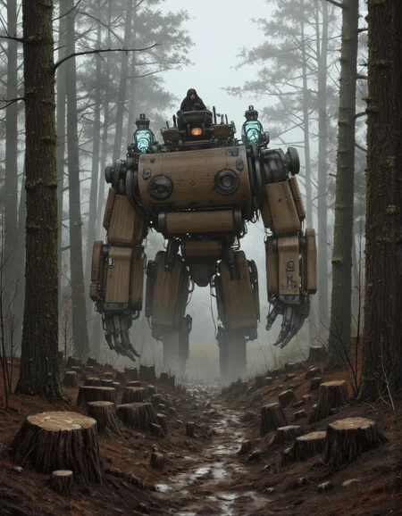 By Jakub Rozalski. A digital illustration shoot from a front camera angle about a futuristic, heavy-duty, humanoid robot with a large, wooden structure resembling a tree trunk, standing in a foggy forest clearing. the robot, positioned in the middle of the image, is the main focus, with its large, imposing body standing out against the misty, misty background. it has two glowing blue lights on its top, giving it a futuristic and ominous appearance. on the top of the robot's head, a person can be seen sitting, looking out with a serious expression. the scene is set in a dense forest with tall trees, and the ground is covered in mud and tree stumps, creating a stark contrast between the dark and light tones of the scene. the overall atmosphere is eerie and foreboding, with a sense of danger and mystery.