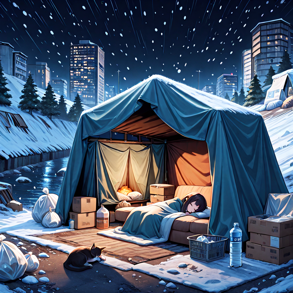 absurdres, explicit, shack under bridge, deep shadow, lying on sofa, sleeping, 1girl, light frown, blanket, covering with blanket, cat, box, fog, city, tree, rock, weeds, ruins, river, water, building, scenery, outdoors, trash bag, water bottle, awning, tent interior, night, night sky, city lights, snow, snowing, snowflakes, <lora:girlhateshackunderbridge_ilxl:1>