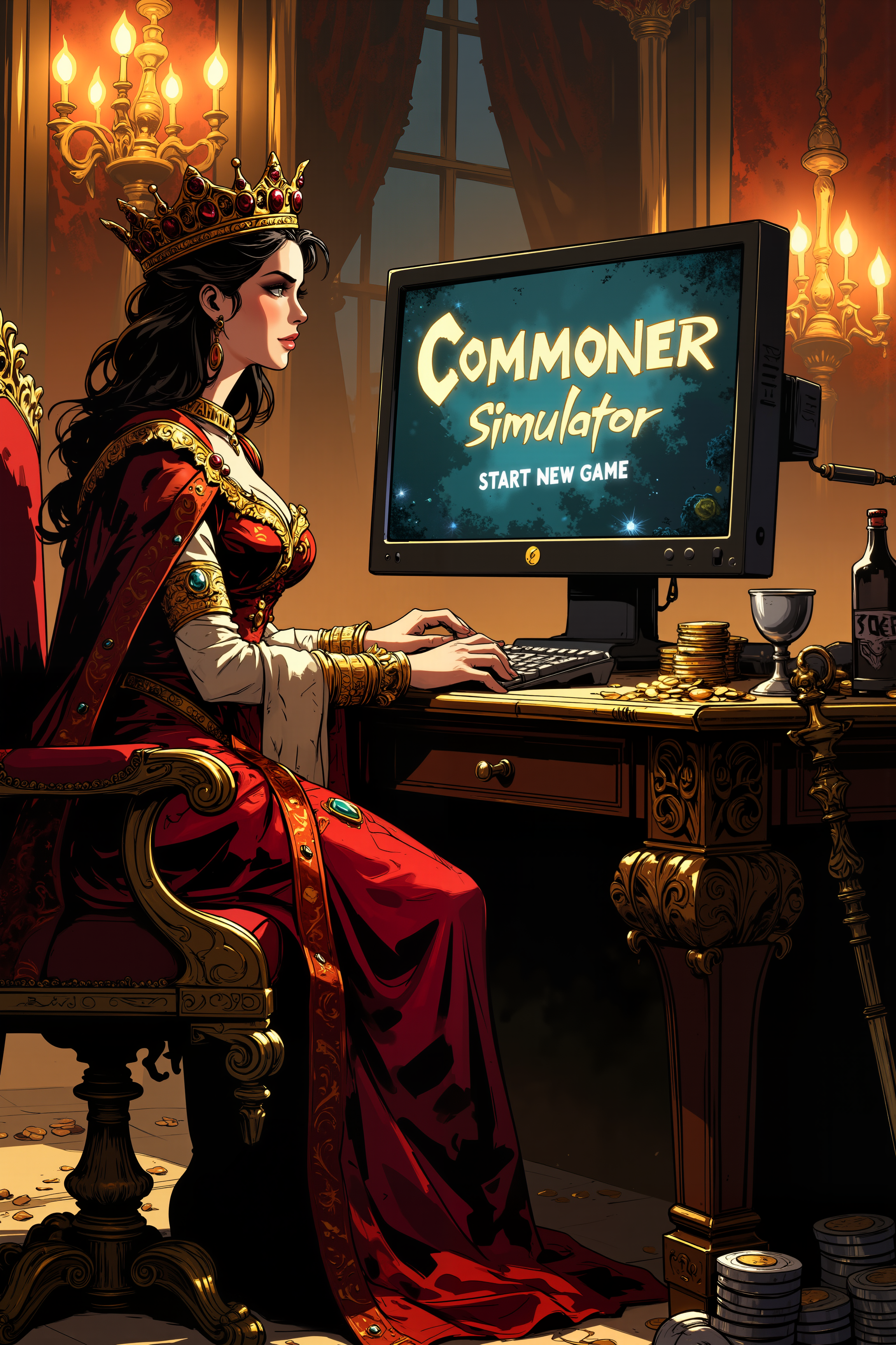 A computer screen which prominently displays the title "Commoner Simulator" under it is the text "START NEW GAME".Before the screen sits a regal queen, draped in rich velvet robes embroidered with gold, sits at a grand wooden desk, her perfectly-manicured fingers hovering over a high-end gaming keyboard. Her crown, encrusted with rubies and emeralds, catches the glow of the computer screen.  Golden chandeliers cast a warm glow over the lavish room, their light reflecting off the polished marble floor. Behind her, an ornate throne remains empty, temporarily abandoned for the digital world of simulated poverty. Her royal scepter leans against the desk, forgotten, while a delicate silver goblet of the finest elven wine sits untouched beside her mechanical mouse. Her expression is one of intense focus, as if experiencing an entirely alien world, her lips slightly parted in fascination. Stacks of gold coins rest beside the computer. , detailed background  Fantastic lighting. Detailed shadows.intricate details, vivid colors, hyper-detailed, ultra-sharp, , <lora:Ev_Ganin:0.4><lora:Vintage comic book:0.4><lora:RetroAnimeFluxV1:0.15><lora:Greg_Capullo_style:0.4><lora:jeanClaude_Mzires_Style_FLUX-000001:0.4><lora:Flux_Ink_Anime:0.4>