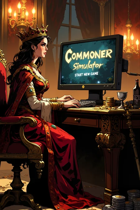A computer screen which prominently displays the title "Commoner Simulator" under it is the text "START NEW GAME".Before the screen sits a regal queen, draped in rich velvet robes embroidered with gold, sits at a grand wooden desk, her perfectly-manicured fingers hovering over a high-end gaming keyboard. Her crown, encrusted with rubies and emeralds, catches the glow of the computer screen. Golden chandeliers cast a warm glow over the lavish room, their light reflecting off the polished marble floor. Behind her, an ornate throne remains empty, temporarily abandoned for the digital world of simulated poverty. Her royal scepter leans against the desk, forgotten, while a delicate silver goblet of the finest elven wine sits untouched beside her mechanical mouse. Her expression is one of intense focus, as if experiencing an entirely alien world, her lips slightly parted in fascination. Stacks of gold coins rest beside the computer. , detailed background Fantastic lighting. Detailed shadows.intricate details, vivid colors, hyper-detailed, ultra-sharp, , <lora:Ev_Ganin:0.4><lora:Vintage comic book:0.4><lora:RetroAnimeFluxV1:0.15><lora:Greg_Capullo_style:0.4><lora:jeanClaude_Mzires_Style_FLUX-000001:0.4><lora:Flux_Ink_Anime:0.4>