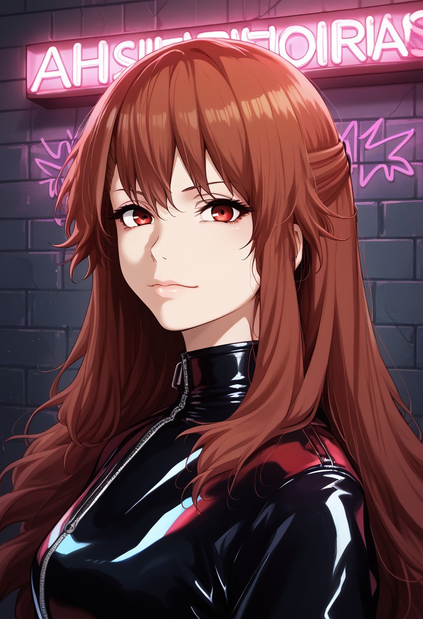 score_9, score_8_up, score_7_up, source_anime, masterpiece, high score, great score, absurdres, Latex, 1girl, Asahina Suzuka, groman-ka club, art by kyouan, rating_safe, (solo, looking at viewer), red eyes, (long hair, red hair), wearing latex cloths, (neon lights, etheric template aura)