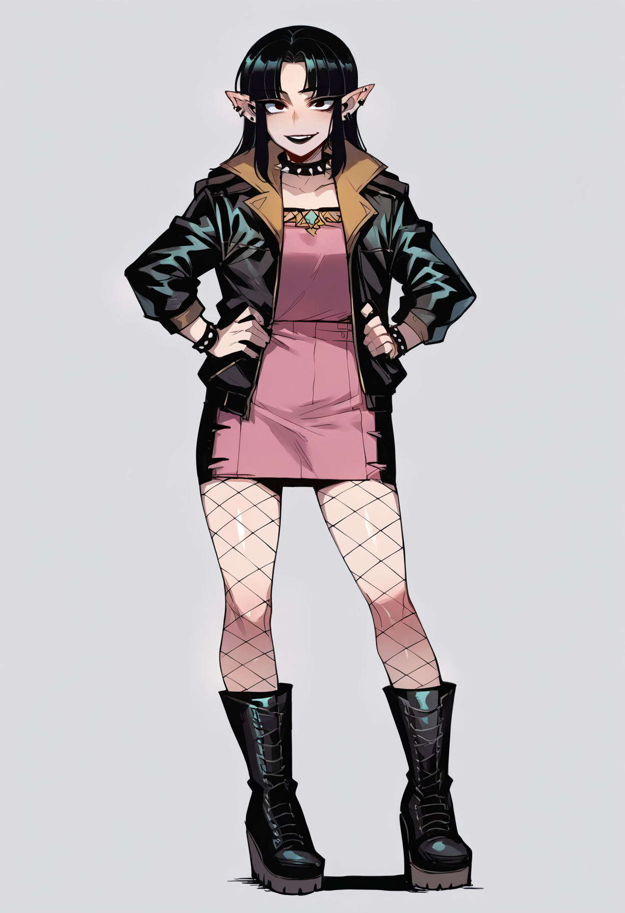 score_9, score_8_up, score_7_up, score_6_up, score_5_up, score_4_up, BREAK, source_anime,
1girl, goth princess zelda, black hair, black lips, fishnet stockings, high platform boots, spiked collar, jacket,
hands on hips, standing, smile, looking at viewer, solo, simple background, white background   <lora:Ratatatat74XLLocon:1>