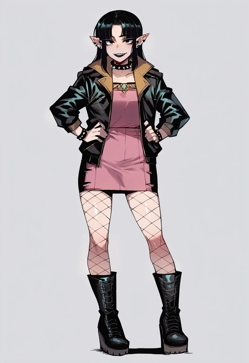 score_9, score_8_up, score_7_up, score_6_up, score_5_up, score_4_up, BREAK, source_anime,
1girl, goth princess zelda, black hair, black lips, fishnet stockings, high platform boots, spiked collar, jacket,
hands on hips, standing, smile, looking at viewer, solo, simple background, white background <lora:Ratatatat74XLLocon:1>