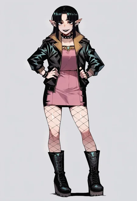 score_9, score_8_up, score_7_up, score_6_up, score_5_up, score_4_up, BREAK, source_anime,
1girl, goth princess zelda, black hair, black lips, fishnet stockings, high platform boots, spiked collar, jacket,
hands on hips, standing, smile, looking at viewer, solo, simple background, white background   <lora:Ratatatat74XLLocon:1>