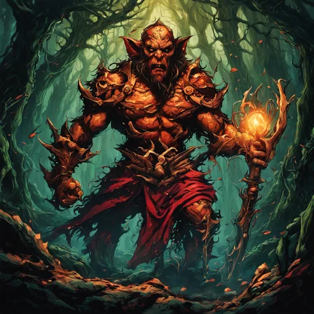masterpiece, 2d digital art illustration, (perfect drawing:1.8), best quality, (angry goblin warrior:1.4) in the forest with arms crossed wearing tethered dirty appeal and red cloak by dnmumfrd <lora:dan_mumford_v1:1.3>, Crystal Caverns . Majestic underground city carved from stunning natural crystal formations, translucent spires, glittering architecture, Heroic . idealized musculature posing dynamically, celebrating ideals of mass utopian culture, Kinetic . Moving parts, plays of light, floating shapes, real motion that transforms itself, horror-themed . eerie, unsettling, dark, spooky, suspenseful, grim, highly detailed, tilt-shift . Selective focus, blurred background, highly detailed, vibrant, perspective control, Ornate organic pattern, floral motifs, curving lines, elegant decoration, gold accents, cinematic film still . shallow depth of field, vignette, highly detailed, high budget, bokeh, cinemascope, moody, epic, gorgeous, film grain, grainy, breathtaking . award-winning, professional, highly detailed, horror-themed . eerie, unsettling, dark, spooky, suspenseful, grim, highly detailed, long exposure photo of . Blurred motion, streaks of light, surreal, dreamy, ghosting effect, highly detailed