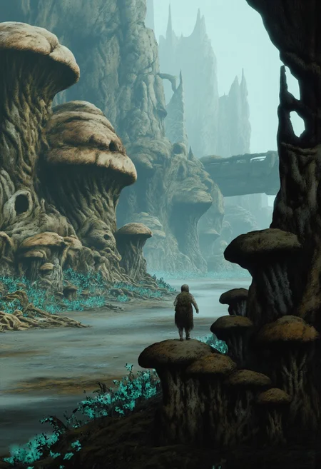 b3rs3rk macro lens d4concept pov, 3D01S, simple background d4artstyle atmospheric and powerful MikeFranchinastyle dark fantasy, natural organic and first person pov of a berserk style creature in the Tsutomu Nihei style
Alien river valley surrounded by towering rocky cliffs, covered in giant mushrooms with textured caps resembling aged leather. The mushrooms range in size, some as tall as trees while others cluster near the water's edge. The river flows gently through the valley, its surface reflecting the soft glow of bioluminescent fungi scattered along the banks. Sparse vegetation grows around the mushrooms, with twisted roots and vibrant, alien grasses adding texture to the scene. Mist rises faintly from the water, creating an ethereal atmosphere. The sky is overcast with diffused light filtering through, casting subtle shadows on the landscape.
Background solid color with a faded dimly lit, fog-covered darkness tone that emphasizes its silhouette.
UHD letterboxed game trailer frame chromatic aberration dark atmosphere sharp masterpiece with a focus on the character, elden ring, dark atmosphere
