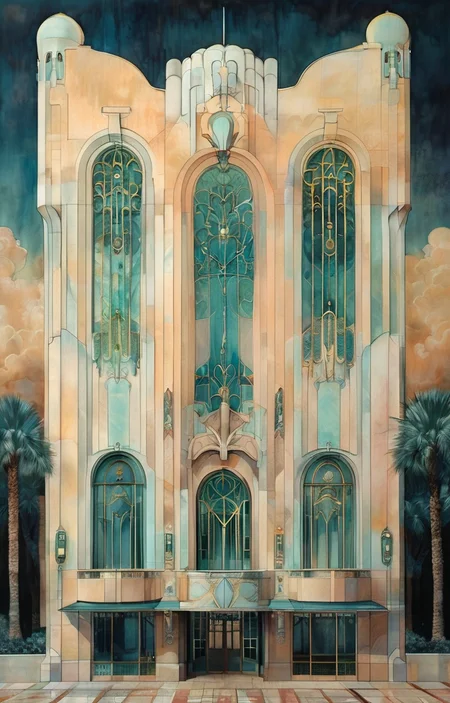 masterpiece,best quality,<lora:tbh309-sdxl:0.9>,illustration,designed by Victor Horta, Art Deco hotel facade in Miami Beach, featuring pastel colors and streamlined forms