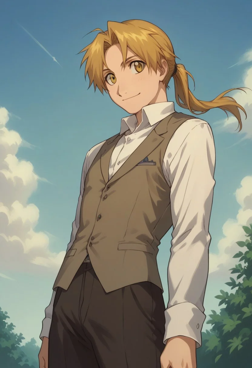 score_9, score_8_up, score_7_up, source_anime, highly detailed,
alphonseelric, solo, 1boy, male focus, vest, blonde hair, shirt, pants, gradient, waistcoat,
smile, ponytail, white shirt, long sleeves, yellow eyes, slender, skinny, sky