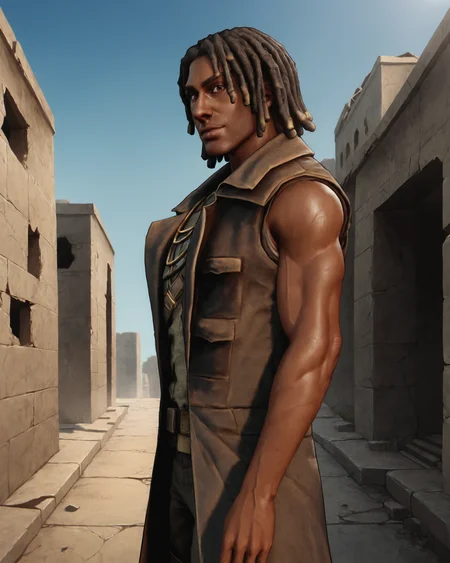 score_9, score_8_up, score_7_up, rating_questionable, intricately detailed, high resolution,<lora:Ulysses_Fallout_New_Vegas:0.8>, realistic,
1boy(u1ysses, ulysses_coat, african, dark brown skin, black hair, dreadlocks, sleeveless, brown leather coat, bandolier, undershirt with holes, muscular, cowboy shot, solo, looking at viewer), ,
postapocalyptic wasteland, ruined city, ruins, outdoors,
side view,
<lora:ral-chrosc-clr:0.7>, ral-chrosc-clr,
<lora:Expressive_H:0.5>
<lora:xl_more_art-full_v1:0.3>,
<lora:add-detail-xl:0.3>