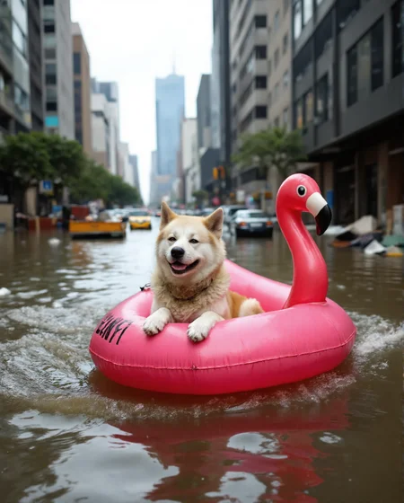 Imagine an image in the style of cinematic photorealism: A joyful Akita Inu dog named Yujin, happily navigating the flooded city streets in a pink flamingo inflatable boat. Yujin is smiling contentedly as he passes by half-submerged vehicles and debris. The boat's wake creates ripples that distort the reflection of a distant, partially flooded skyscraper., <lora:flux\personas\YujinLiz.safetensors:1.0:1.0> <lora:flux\estilos\Flooded_Streets_Flux.safetensors:1.0:1.0> <lora:flux\estilos\PCB_Image_Enhancer_for_FLUX.safetensors:1.0:1.0>