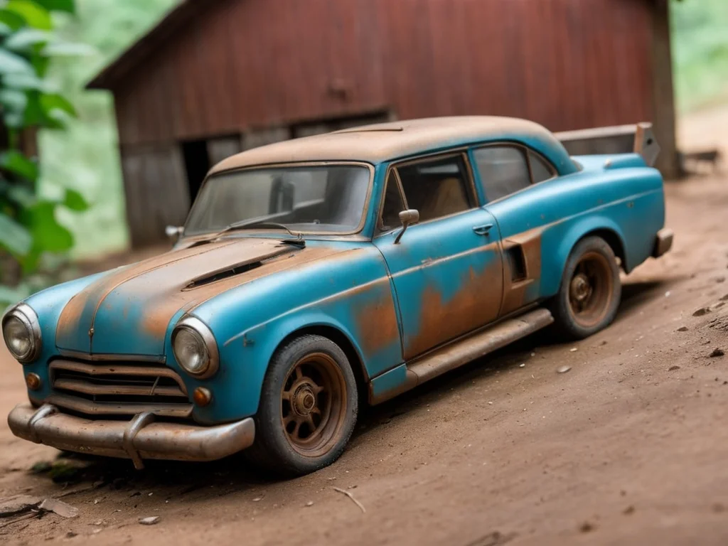 macro diorama photography <lora:custveh:1> custveh_vehicle, custom Abandoned Rusty car, barn,(cinematic atmosphere:1.2), RAW photo shot by dslr Fujifilm XT3 depth of field bokeh soft lighting film grain photography Realistic photo-realistic Lifelike, <lora:sdxl_photorealistic_slider_v1:5>, <lora:wowifierXL:0.3>