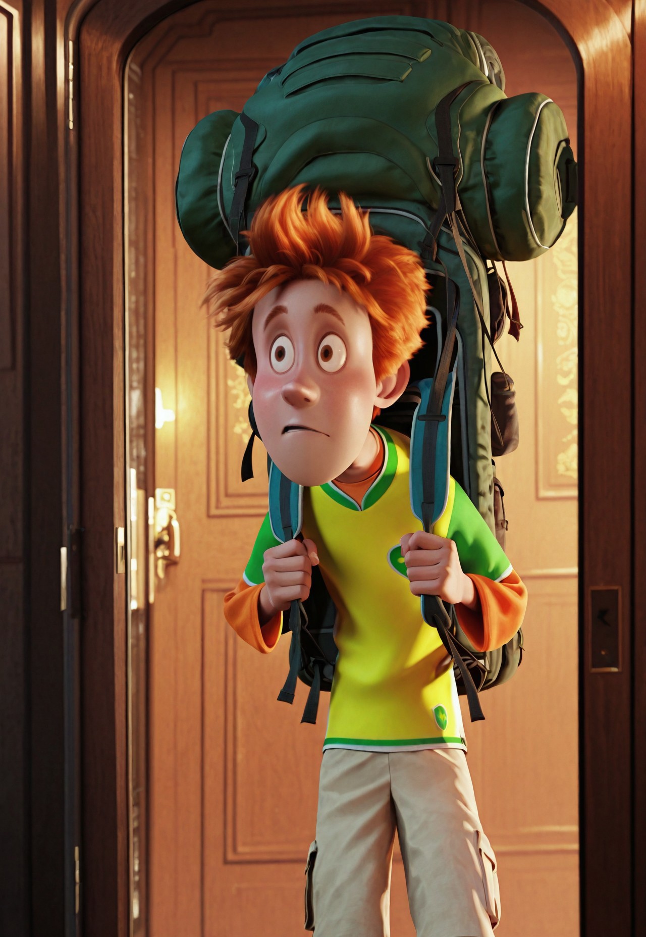 masterpiece, best quality, amazing quality, detailed background, intricate details, dynamic, cinematic, animated, anime realistic shading, solo, male focus, 1boy, handsome, j0hnny, ginger hair, brown eyes, yellow and green t-shirt, orange shirt, light brown cargo shorts, green and blue sneakers, travelling backpack, holding straps, hotel background, doorway, horror