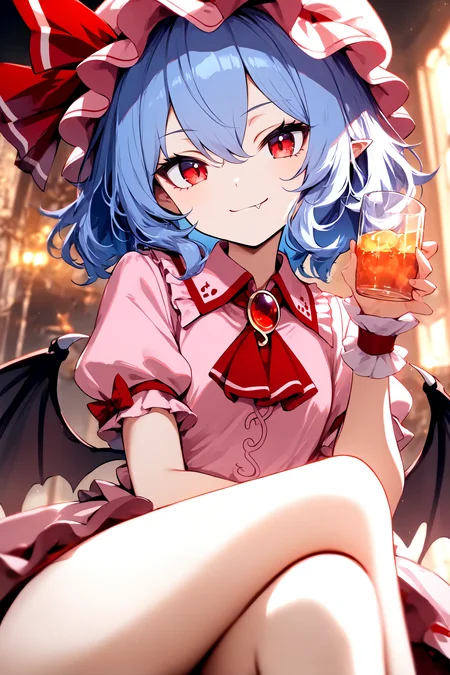 1girl, remilia scarlet, blue hair, red eyes, fang, bat wings, ascot, collared shirt, frilled shirt collar, frills, puffy short sleeves, pink skirt, red brooch, red ribbon, hat, mob cap, pink hat, holding cup, jewelry, wrist cuffs, smile, looking at viewer
BREAK
close-up, dynamic pose, sitting, legs crossed, luxurious background, soft lighting, warm colors, depth of field, masterpiece, high score, great score, absurdres
