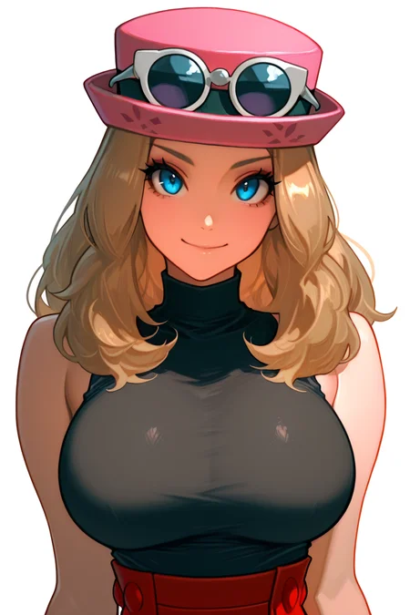 masterpiece, best quality, 1girl, solo, eyelashes, (beautiful eyes), zzSerena, solo, long hair, blue eyes, eyewear on headwear, pink headwear, eyelashes, sleeveless shirt, black shirt, bracelet, high-waist skirt, looking at viewer, smile, bangs, large breasts, upper body, head tilt, <lora:SerenaPokemonIXL_v2:1.0>, ,<lora:IckpotIXL_v1:1.0>,