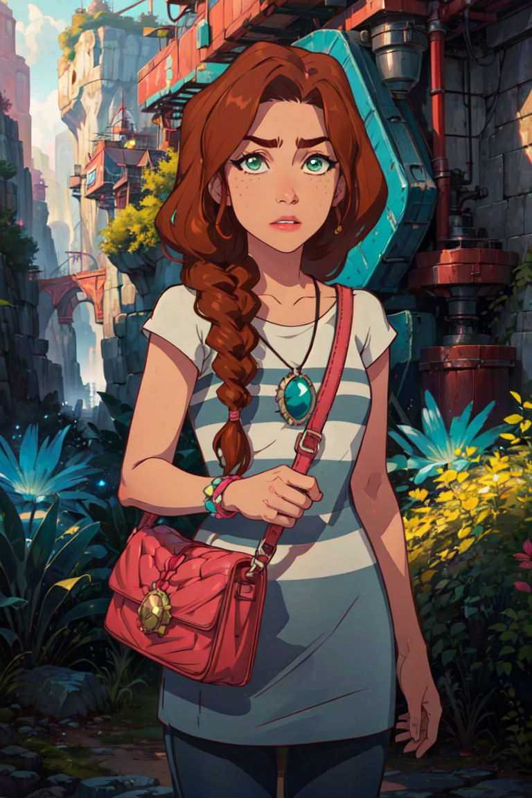 (EmilyJones:1.5), (brown hair, green eyes, side braid), (pink purse), (realistic:1.2), (masterpiece:1.2), (full-body-shot:1),(Cowboy-shot:1.2), neon lighting, dark romantic lighting, (highly detailed:1.2),(detailed face:1.2), (gradients), colorful, detailed eyes, (detailed landscape:1.2), (natural lighting:1.2), solo, 1girl,  <lora:LEGOElvesEmily-10:0.8> <lora:add_detail:0.3> <lora:BeautifulEyes:0.6>