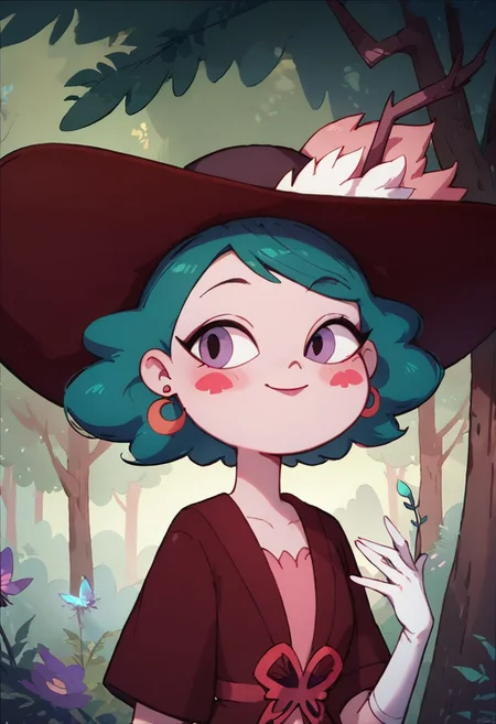 score_9, score_8_up, score_8, Eclipsa Butterfly, green hair, short hair, purple eyes, red moon earrings, red spade blush stickers, dark red sun hat with feathers and branch, white gloves, red cardigan with butterfly decoration, pink dress,
upper body, smile, closed mouth, in woods, vivid colors,