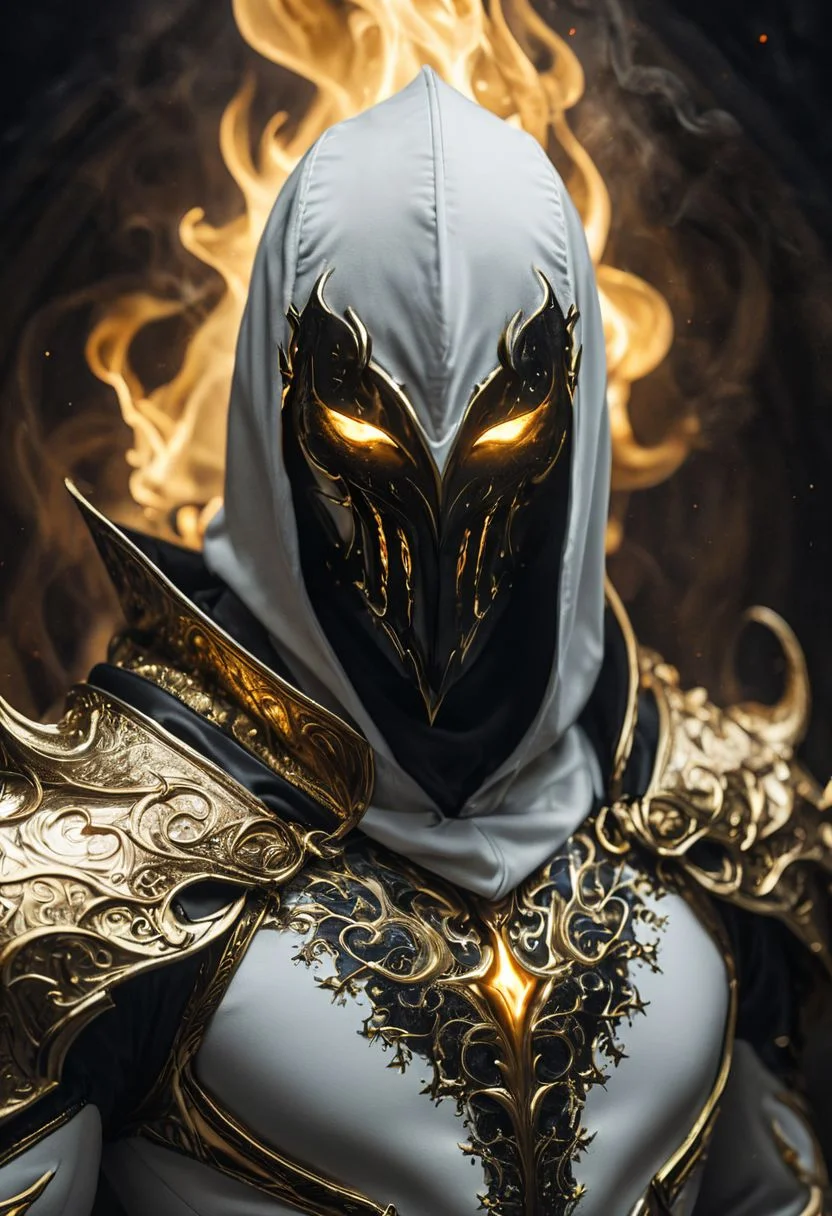 Dark fantasy, shadow knights, (( white and gold plug suit, black smoke in plug suit) ), (burning eyes:1) , (white, gold hooded cloak of leather material) , (fractal art:1.2) , cave background, transparency, caustics, optics, surreal, magic, masterpiece, perfect anatomy, 32k UHD resolution, best quality, highres, realistic photo, professional photography, cinematic angle, reflection lights, closed up