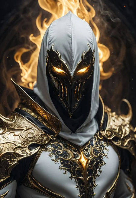 Dark fantasy, shadow knights, (( white and gold plug suit, black smoke in plug suit) ), (burning eyes:1) , (white, gold hooded cloak of leather material) , (fractal art:1.2) , cave background, transparency, caustics, optics, surreal, magic, masterpiece, perfect anatomy, 32k UHD resolution, best quality, highres, realistic photo, professional photography, cinematic angle, reflection lights, closed up