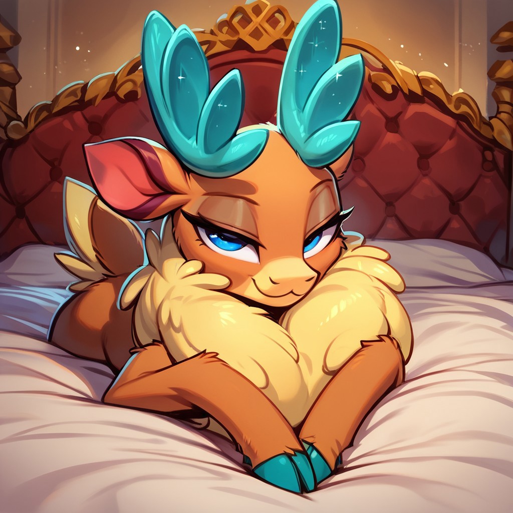 score_9, score_8_up, score_7_up, score_6_up, velvet_fherds, on bed, bedroom, bedroom eyes, reindeer, cute, fluffy, female, looking at viewer, lying down, mare, on front, pov, smiling, solo, bedroom eyes, beautiful, masterpiece, face focus
