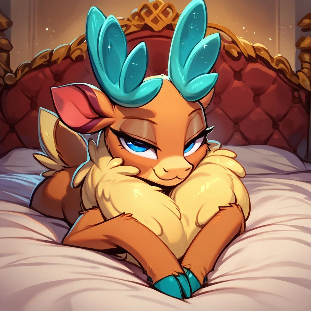 score_9, score_8_up, score_7_up, score_6_up, velvet_fherds, on bed, bedroom, bedroom eyes, reindeer, cute, fluffy, female, looking at viewer, lying down, mare, on front, pov, smiling, solo, bedroom eyes, beautiful, masterpiece, face focus