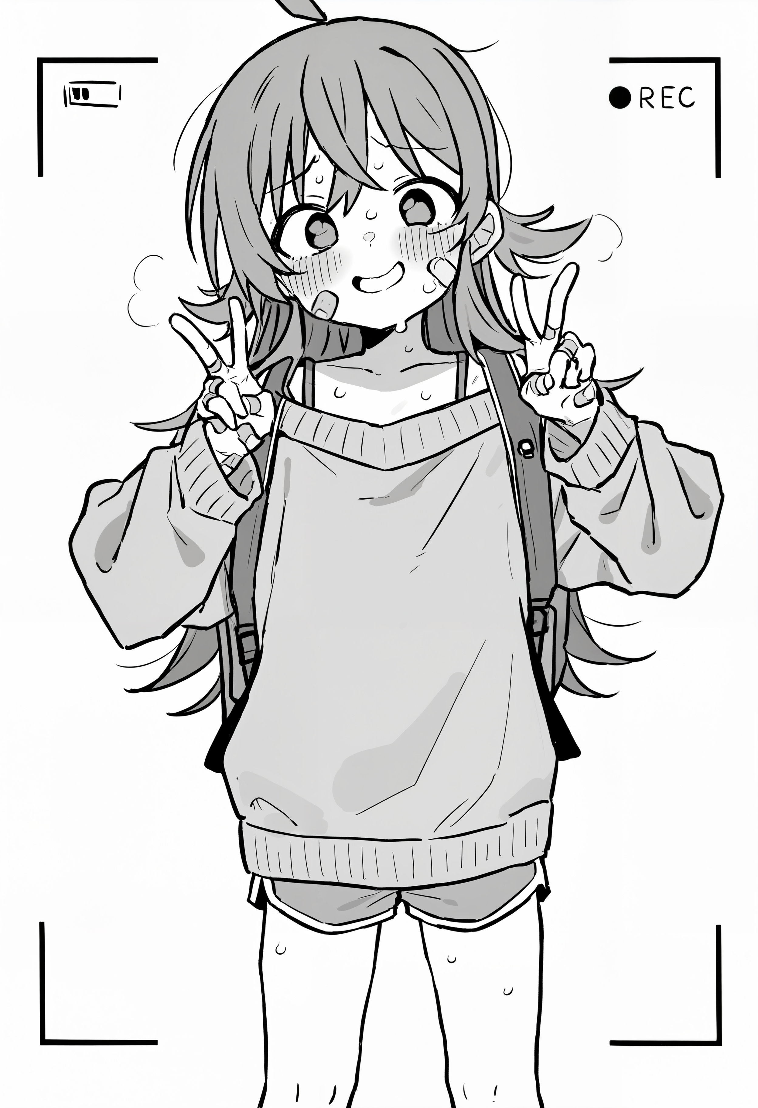 amazing quality, newest, absurdres, hires, monochrome, white background,  1girl, solo, cute, long hair, bra strap, oversized sweater, dolphin shorts, bandaid on face, bandaid on hand, blush, sweat, nervous smile, double v, backpack, looking at viewer,   scan artifacts, scan lines, viewfinder,   <lora:barbarian_tk>