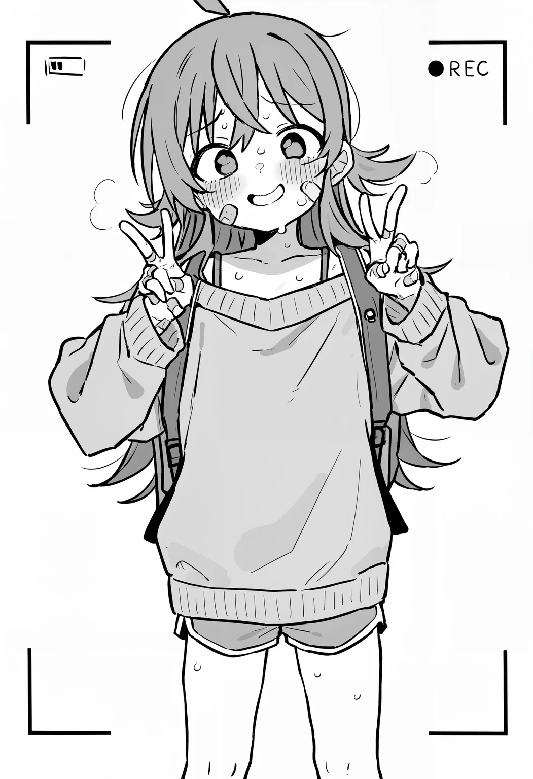 amazing quality, newest, absurdres, hires, monochrome, white background,  1girl, solo, cute, long hair, bra strap, oversized sweater, dolphin shorts, bandaid on face, bandaid on hand, blush, sweat, nervous smile, double v, backpack, looking at viewer,   scan artifacts, scan lines, viewfinder,   <lora:barbarian_tk>