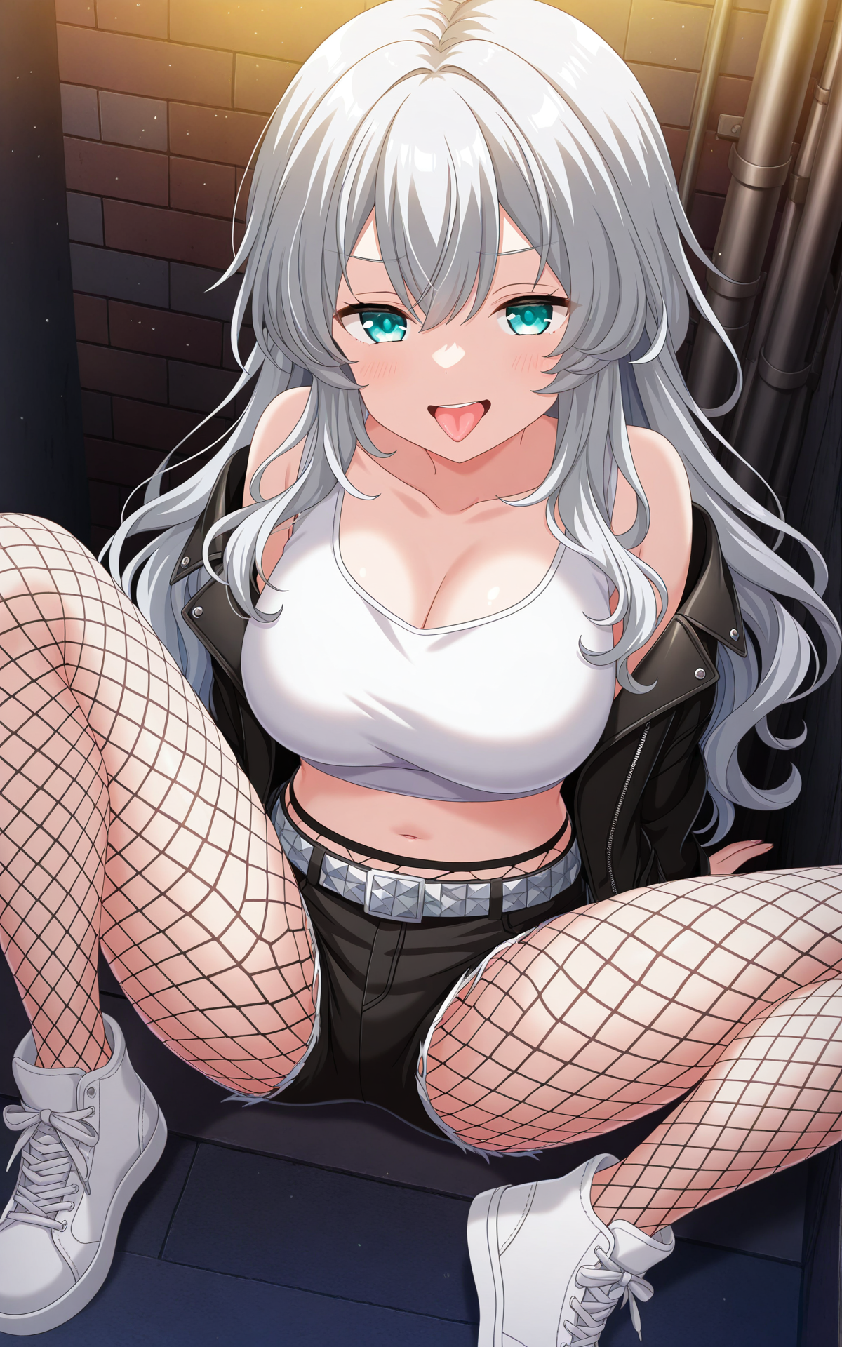 masterpiece, best quality, good quality, newest,4k, perfect lighting, cinematic, very aesthetic, official art, anime screencap, anime coloring,
1girl,solo,anette,grey hair,long hair,aqua eyes,large breasts,black jacket,open jacket,white shirt,crop top,midriff,black shorts,denim shorts,belted shorts,fishnet pantyhose,white shoes,
looking at viewer,naughty face,open mouth,tongue out,sitting,arms at sides,knees up,spread legs,from above,alley,full body,BREAK
 <lora:ILanette:1>