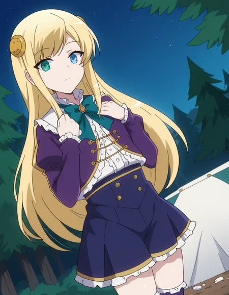 score_9, score_8_up, score_7_up, source_anime, <lora:yumina-belfast-urnea-s2-ponyxl-lora-nochekaiser:1>, yumina belfast urnea, long hair, blue eyes, blonde hair, hair ornament, green eyes,, skirt, thighhighs, purple sleeves, frills, white skirt, skirt, blue skirt, frilled skirt, bowtie, green bowtie, frilled center, camping, bonfire, tent, stargazing, marshmallows, forest clearing, night, , hands on own chest,, looking at viewer, solo,, dutch angle, cowboy shot