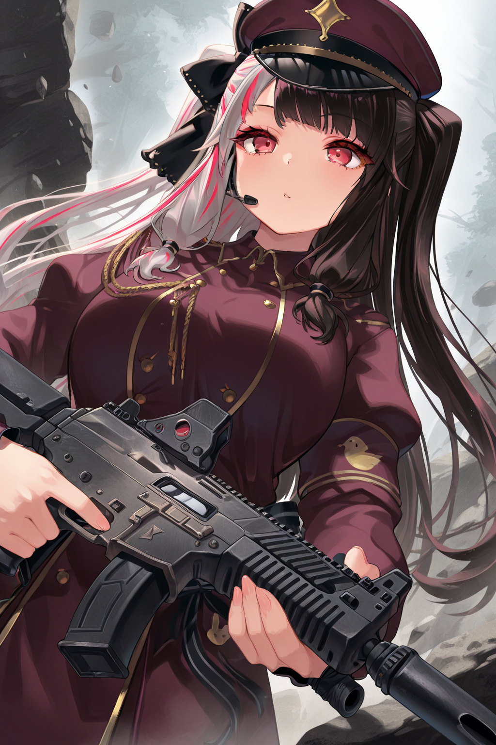 1girl, YorumiRenaNijisanji,
general, solo, perspective, dynamic angle, upper body,
long hair, twintails, eyelashes, red eyes, 
large breasts,
peaked cap, military uniform,
holding gun, assault rifle,
outdoors, rock,
<lora:kp_YorumiRenaNijisanji2ndCostumeIllustrious_v1_0:1.0>,
masterpiece, best quality, amazing quality