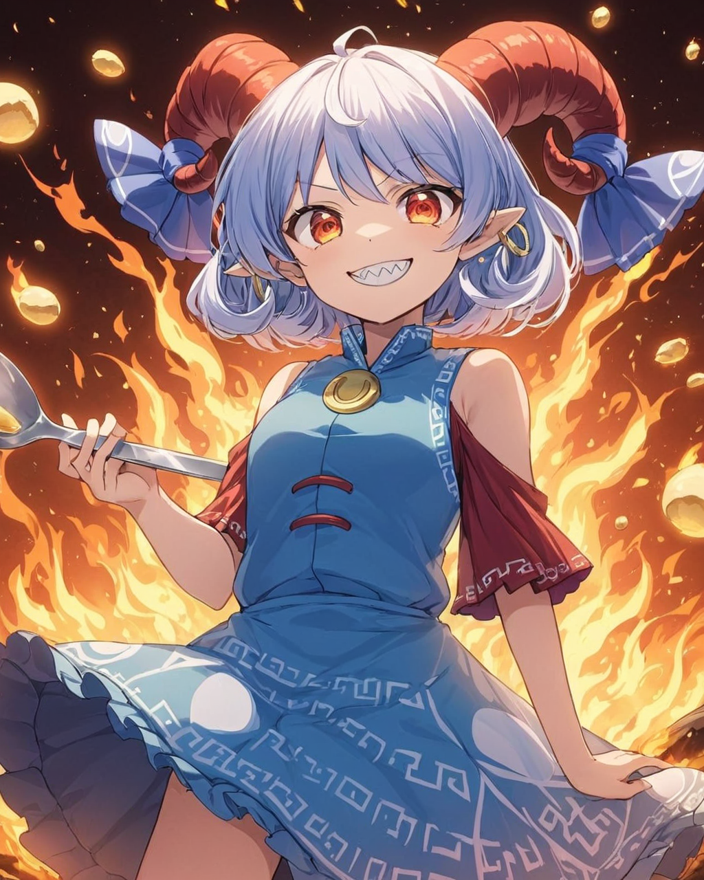 toutetsu yuuma,1girl, solo, sharp_teeth, blue_dress, red_sleeves, spoon, fire, red_horns, oversized_object, sheep_horns, looking_at_viewer, grin, horizontal_pupils, jewelry, blue_ribbon
<lora:toutetsu_yuuma_image1106_2023-12-20-000014:1>,star-shaped_pupils,symbol-shaped_pupils,. gorgeous,key visual, vibrant, studio anime,award-winning, professional, highly detailed,high budget, cinemascope