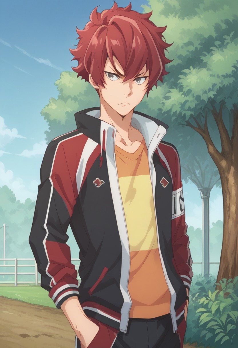 score_9, score_8_up, score_7_up, source_anime, highly detailed, 
kensei, 1boy, male focus, red hair, grey eyes, jacket, solo, pants, hand in pocket, track jacket, open jacket, open clothes, track suit, shirt, upper body, frown
outdoor, sky, cloud, tree