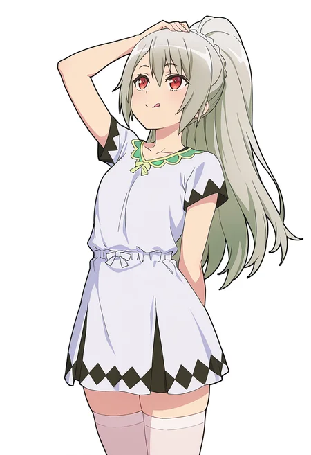 Smooth Quality,masterpiece,very intricate, high quality details, ultra realistic, high detailed skin,detailed enviorement,absurdres,
Hand on own head,
<lora:Ange_Maidena_CNR:0.8> ange_cnr, 1girl, grey hair, red eyes, long hair,
ange_cnr, white_cnr, ponytail, white dress, white shirt, white skirt, white thighhighs,, simple background, white background, front view,
standing, arms behind back, looking up, calm expression, relaxed posture, ,, :q,