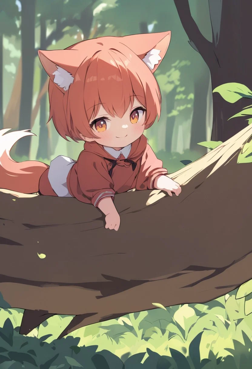 a cute baby red fox, smiling, hopping over a log in the forest, bright eyes, dark shadows, beautiful, happy