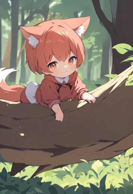 a cute baby red fox, smiling, hopping over a log in the forest, bright eyes, dark shadows, beautiful, happy