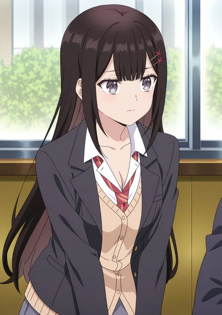 detailed background, official style,anime coloring, (anime screencap) masterpiece, detailed face,1girl <lora:Rion_Enomoto:0.8>Rion, necktie, hair ornament, school uniform, jacket, long hair, shirt, hairclip, dark brown hair, white shirt, blazer, red necktie, indoors, breasts, collared shirt, solo focus, cleavage, skirt, bangs, grey eyes, closed mouth, cardigan, open clothes, window, collarbone, black jacket, pleated skirt