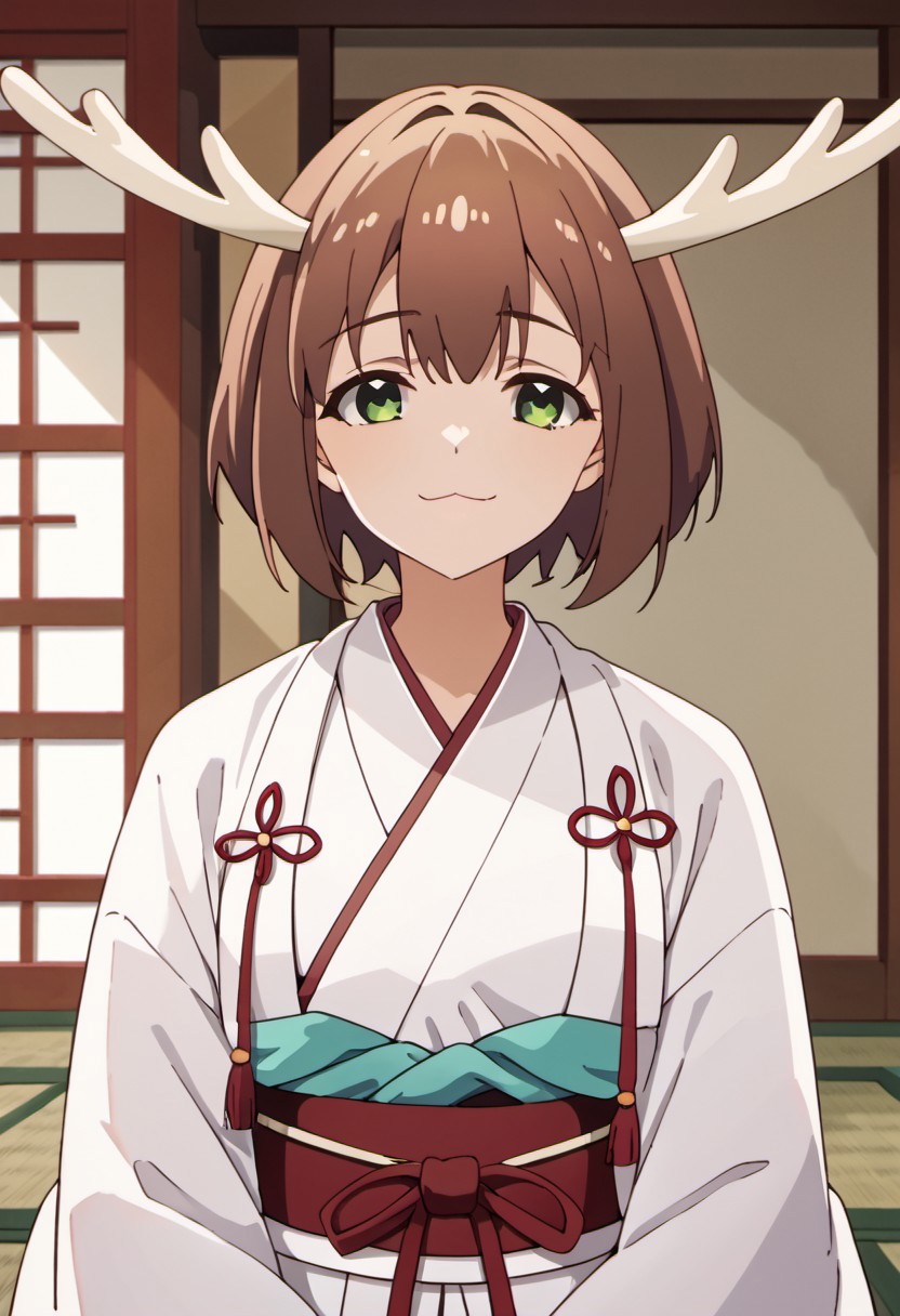 score_9, score_8_up, score_7_up, source_anime,shikanoko noko, short hair, brown hair, green eyes, antlers, 1girl, solo, japanese clothes, miko, looking at viewer, upper body, closed mouth, white kimono, kimono, smile, :3